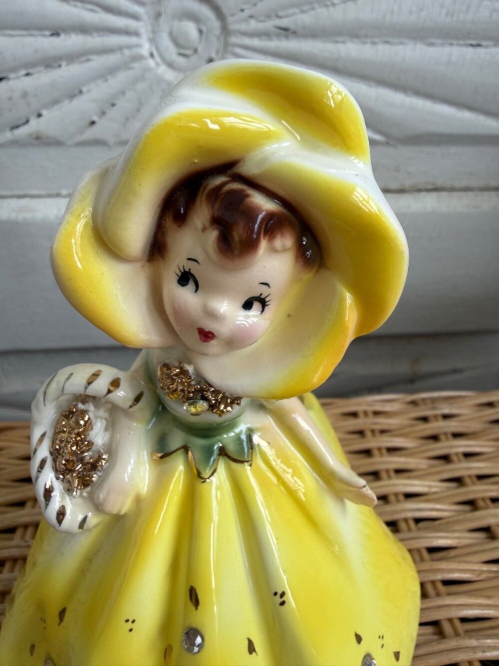 Vintage 50s Enesco Anthropomorphic Yellow Flower Girl Planter Rhinestones - Picture 8 of 9